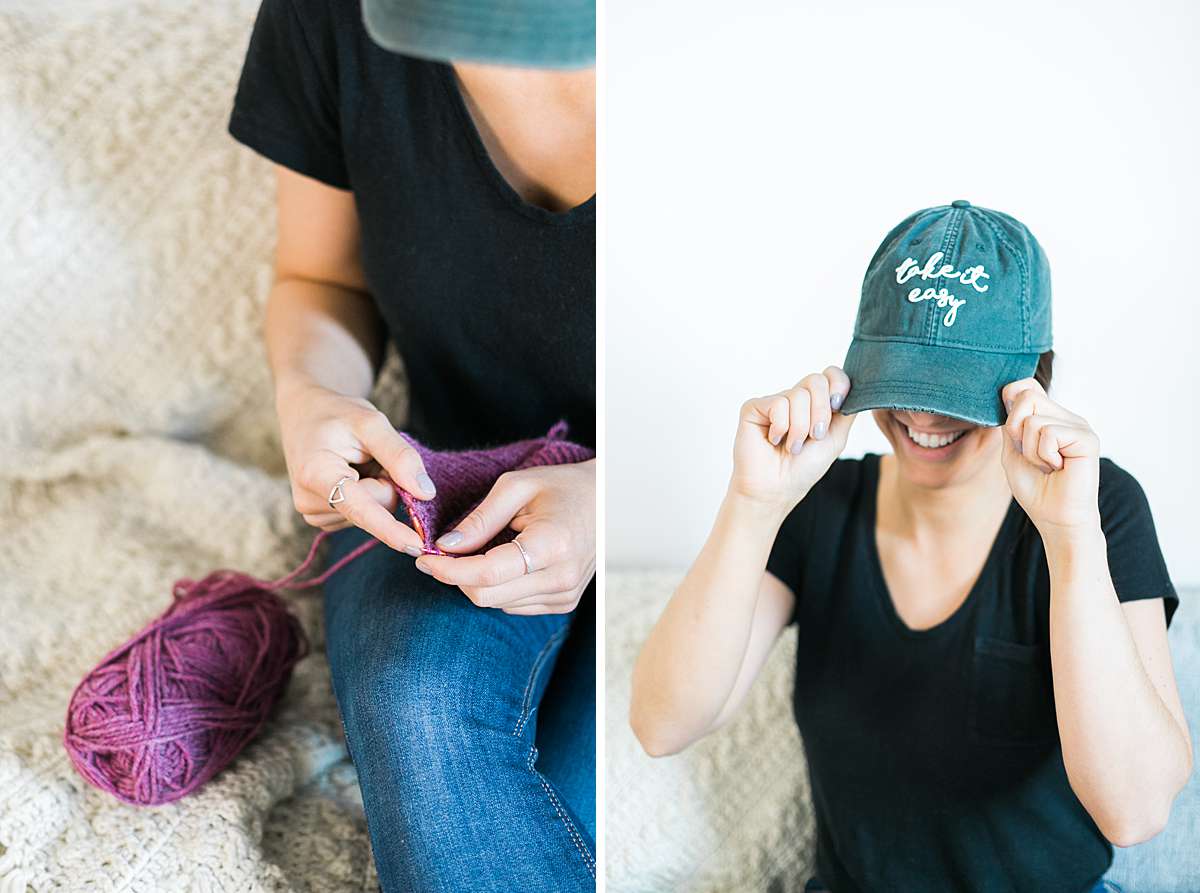 woman knitting with purple yarn