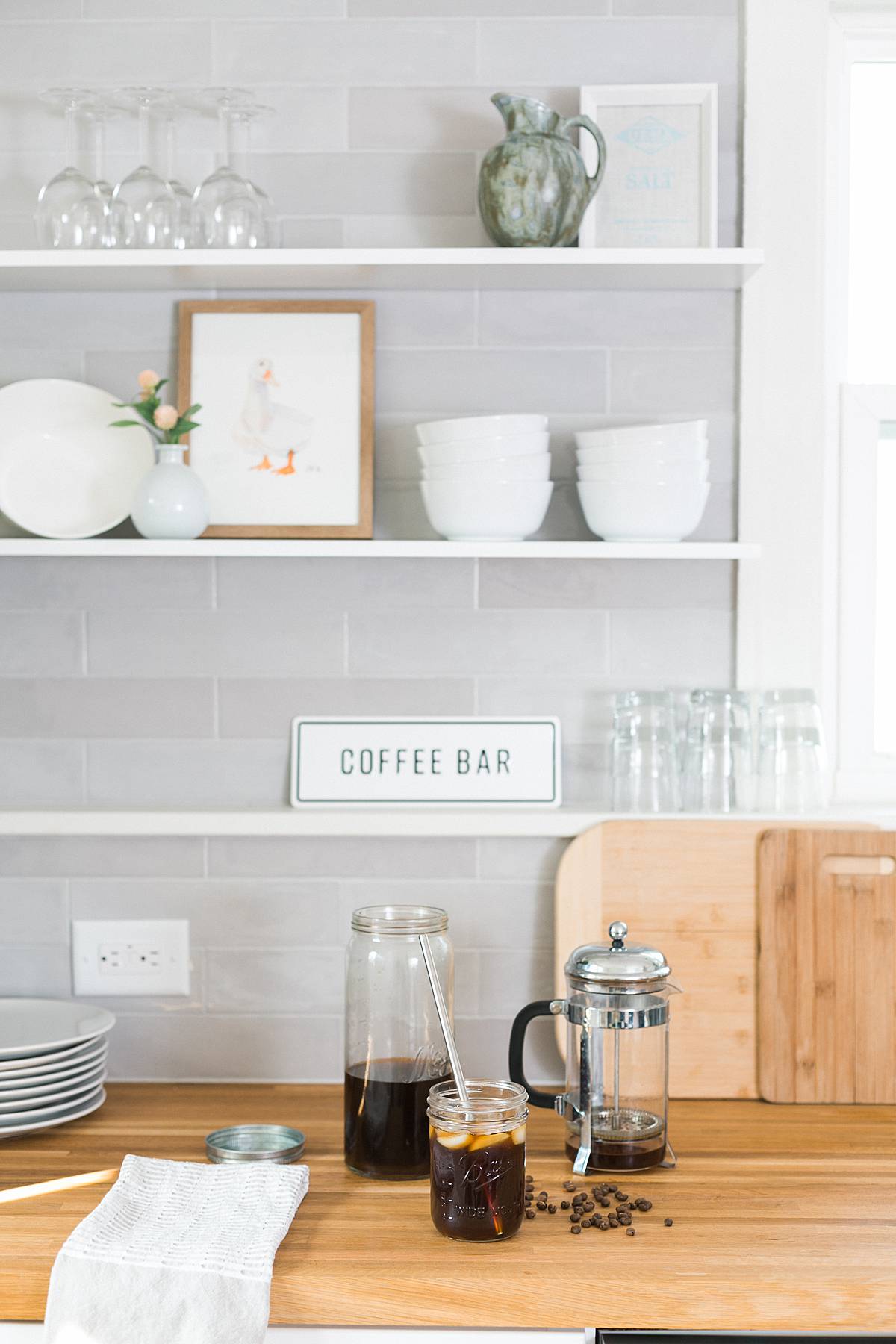 cold brew iced coffee in white and modern light gray kitchen