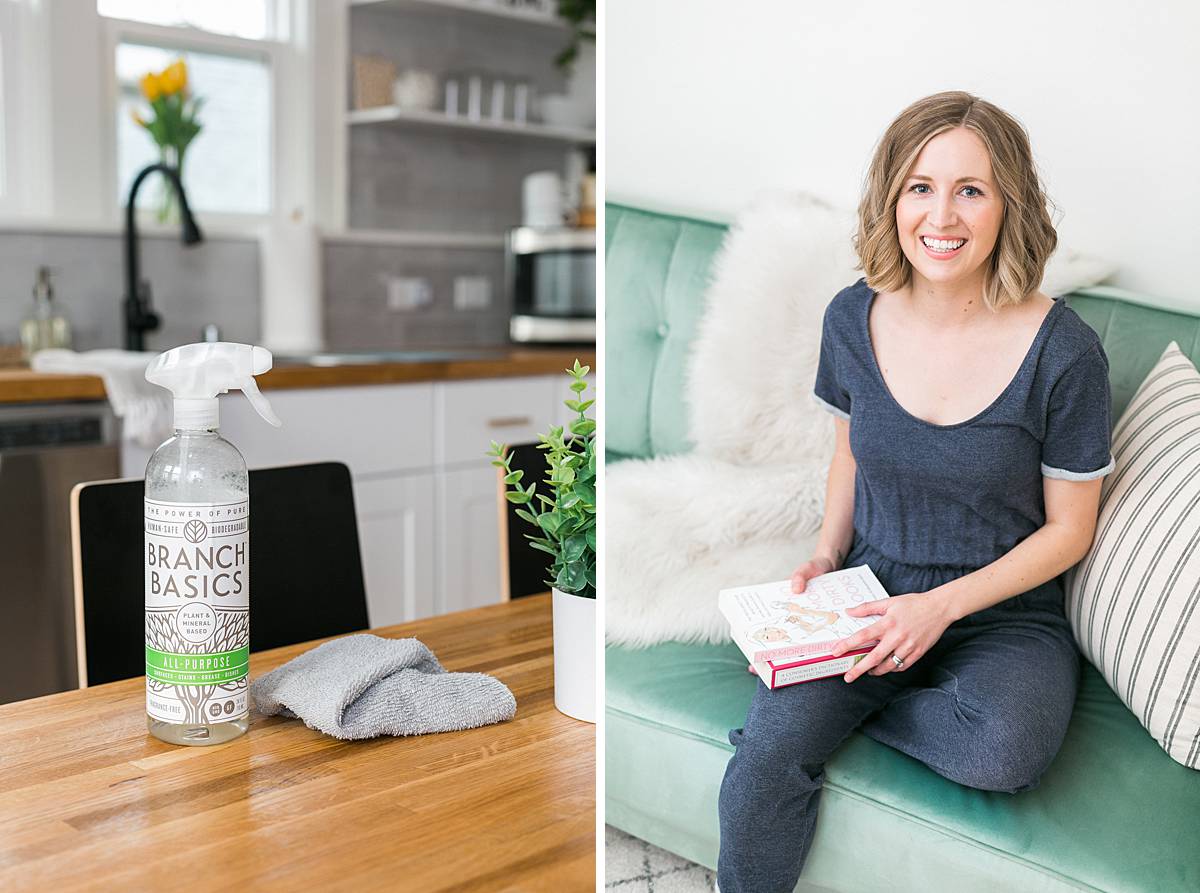 natural cleaning products and blogger holding books