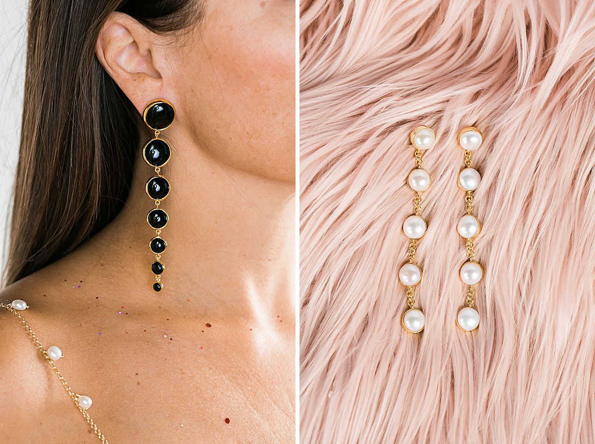 long earrings with pearls and onyx