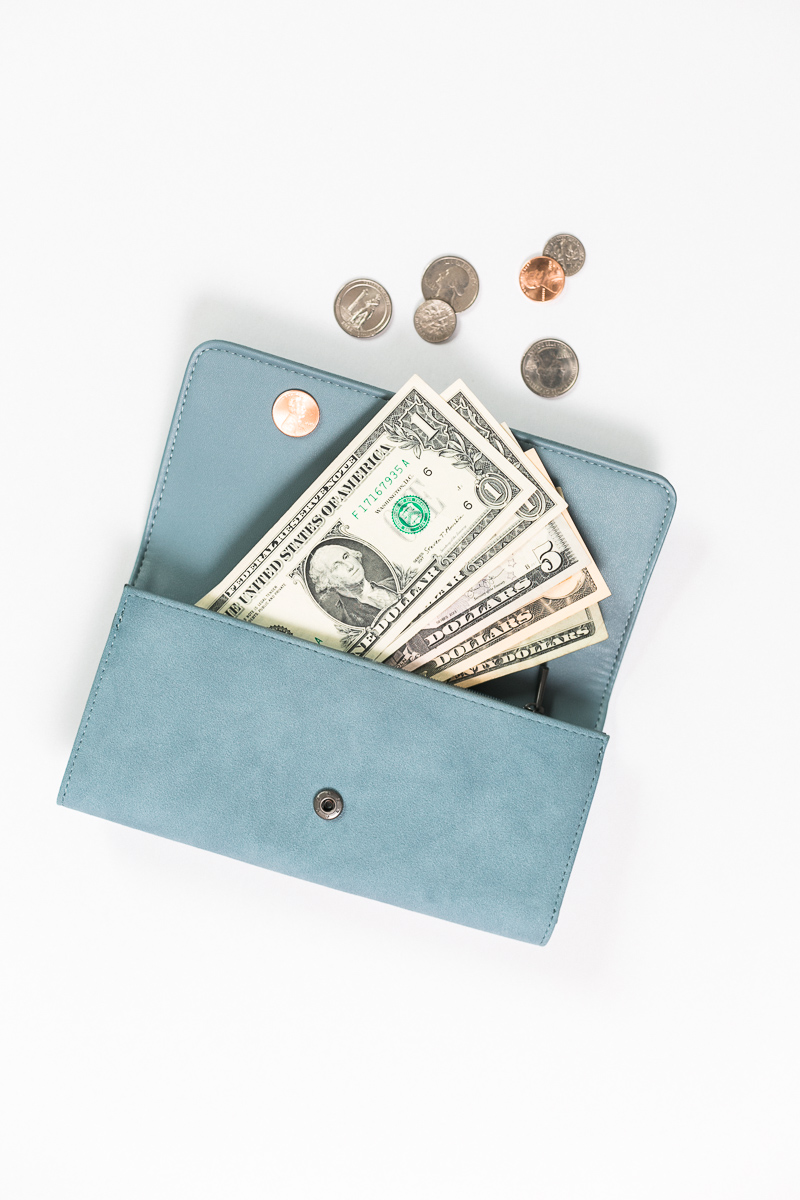 review for brand photographer, flatlay with blue wallet and cash