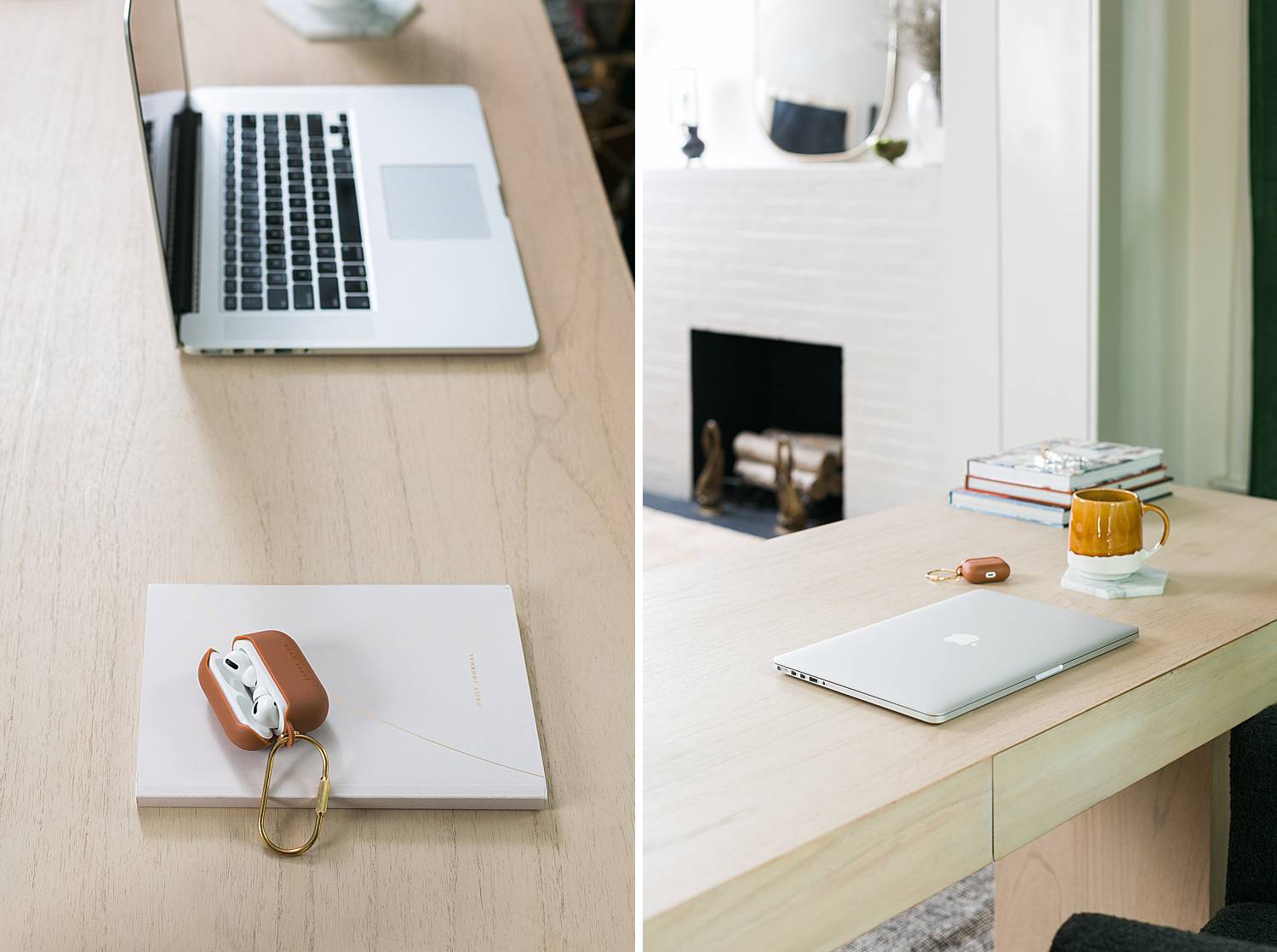modern office with light wood desk and macbook laptop and airpods in terra cotta case