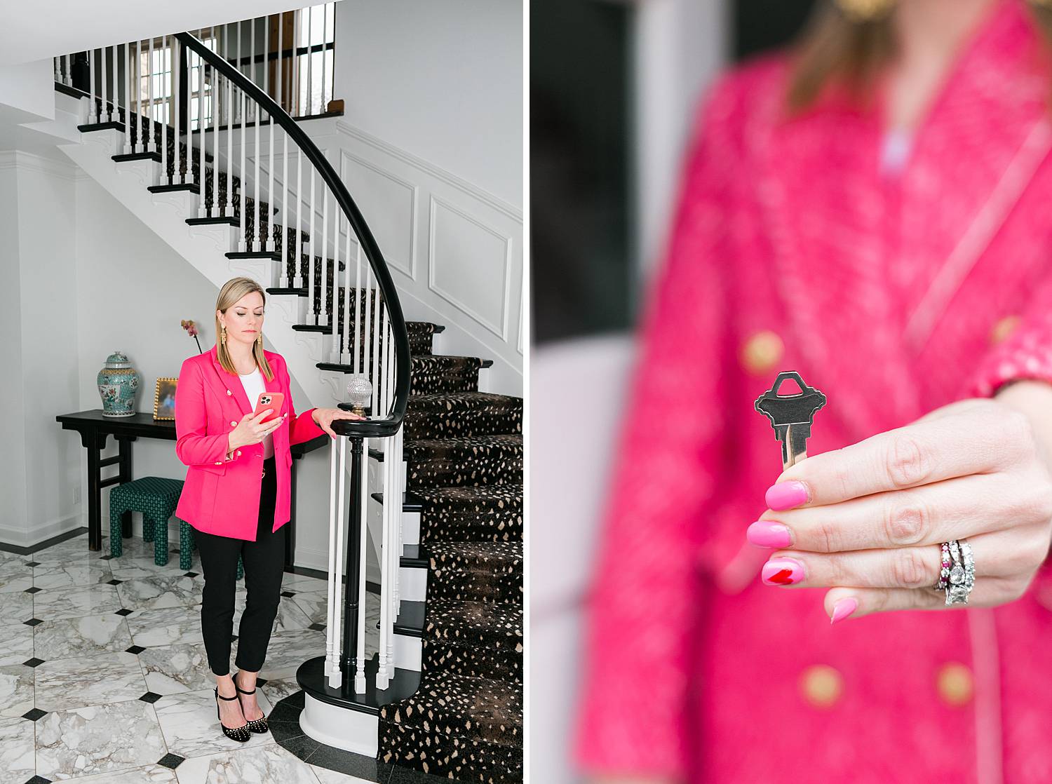 compass real estate agent in pink coat holding a house key in front of a new home