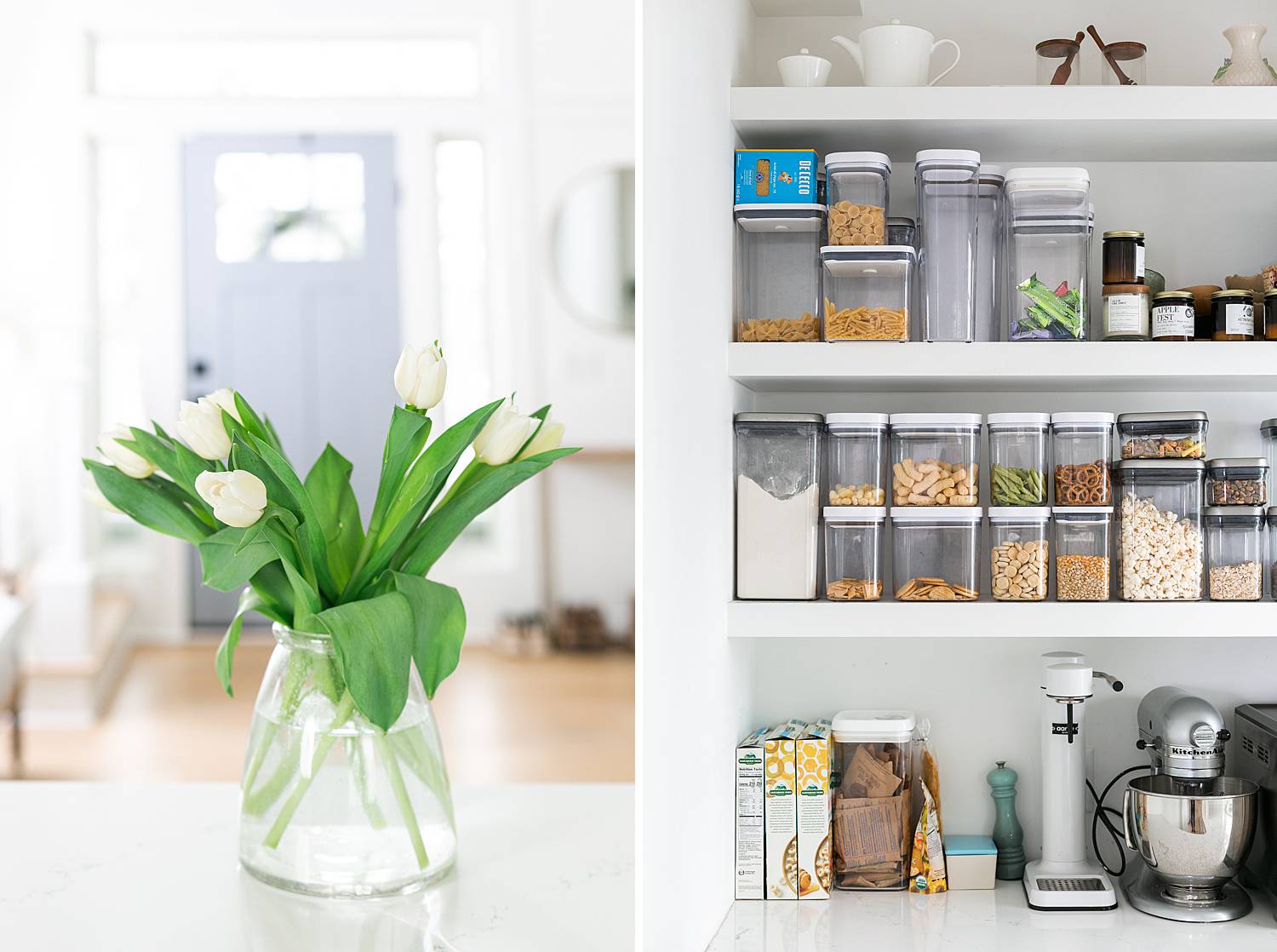 kitchen shelves neatly organized and fresh white tulips in vase