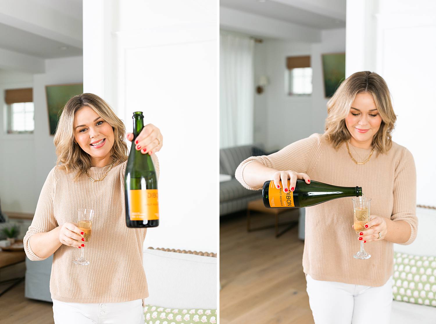 woman toasting and pouring champagne, wearing a tan sweater and white pants