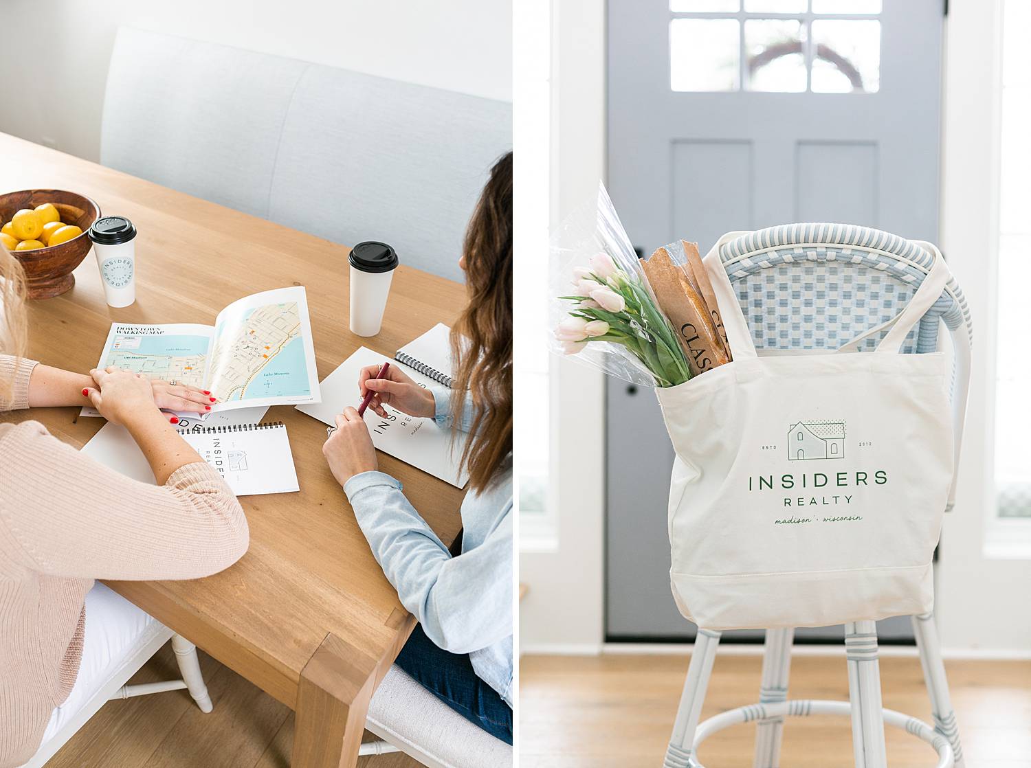 two women real estate agents working at wooden tabletop with coffee and notebooks and farmers market tote bag filled with flowers