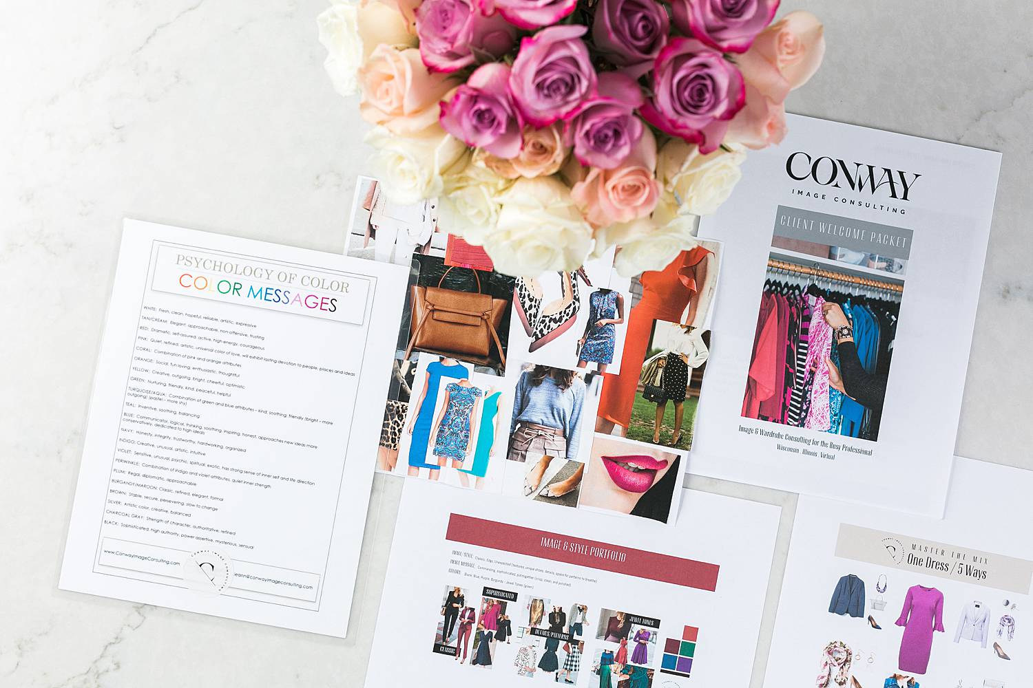 flatlay aerial view of image consultant marketing materials