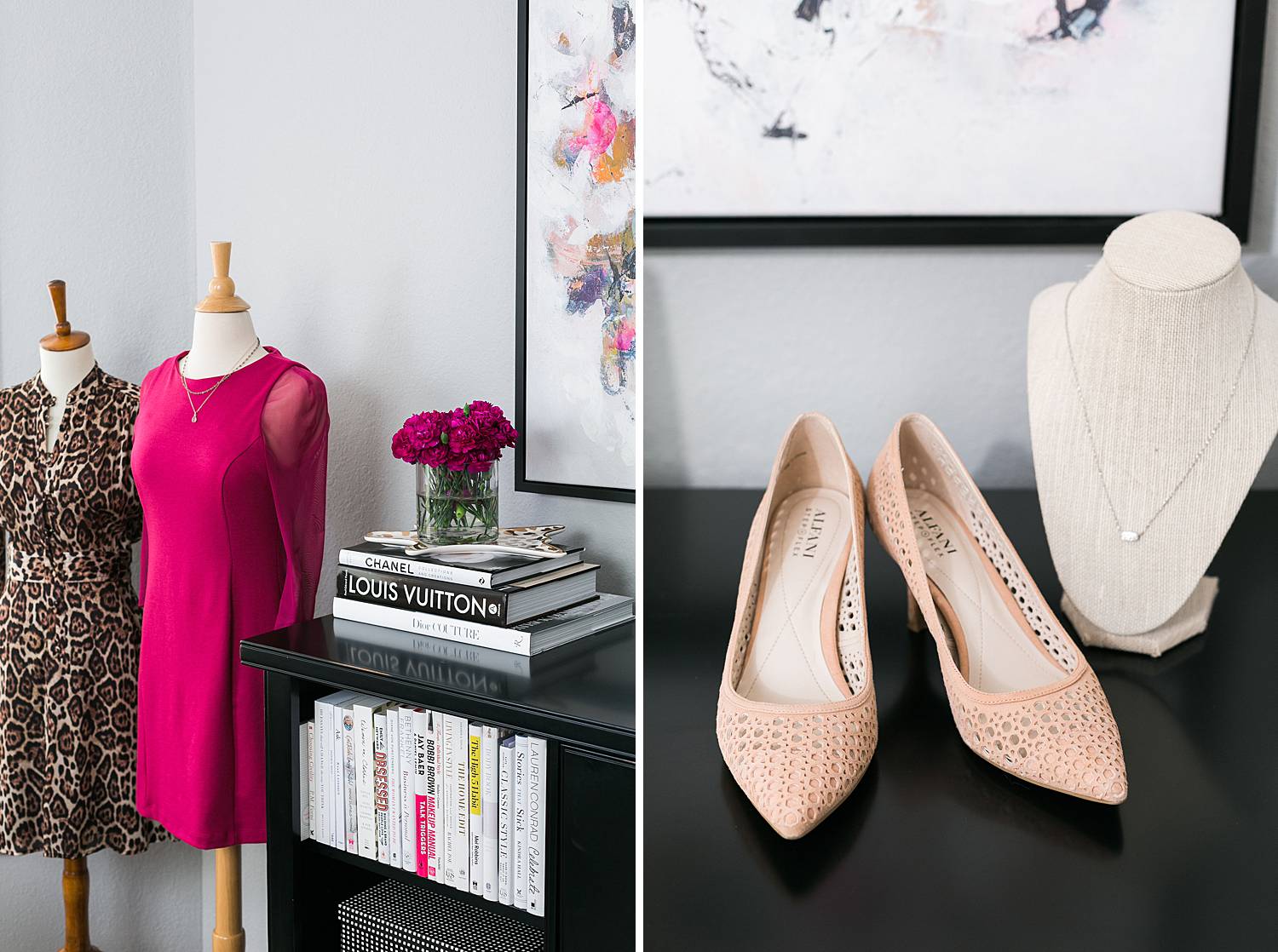 image consultant home office with mannequin and books and nude pumps shoes