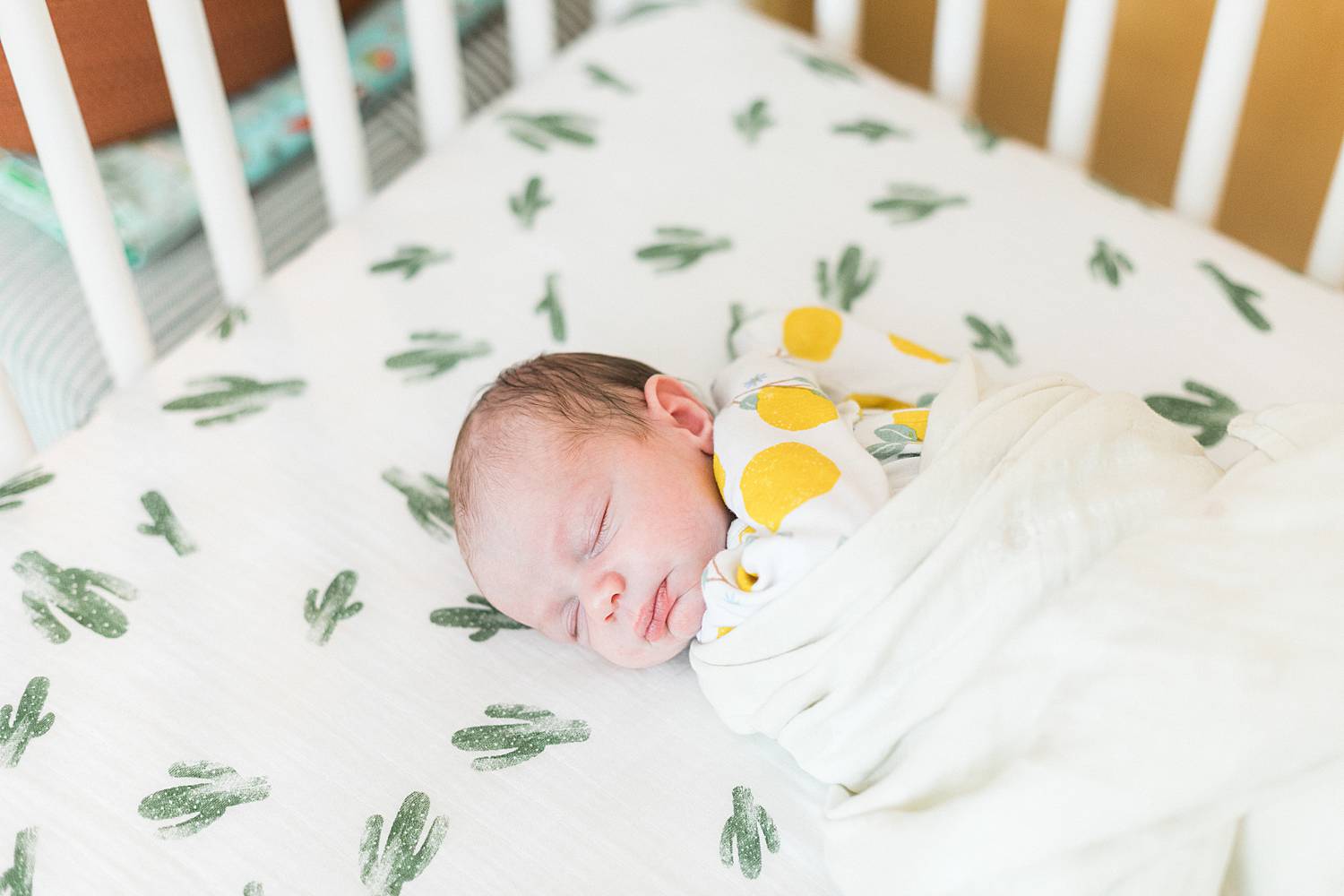 newborn photo, baby boy wearing onesie with lemons in a crib with cactus sheets