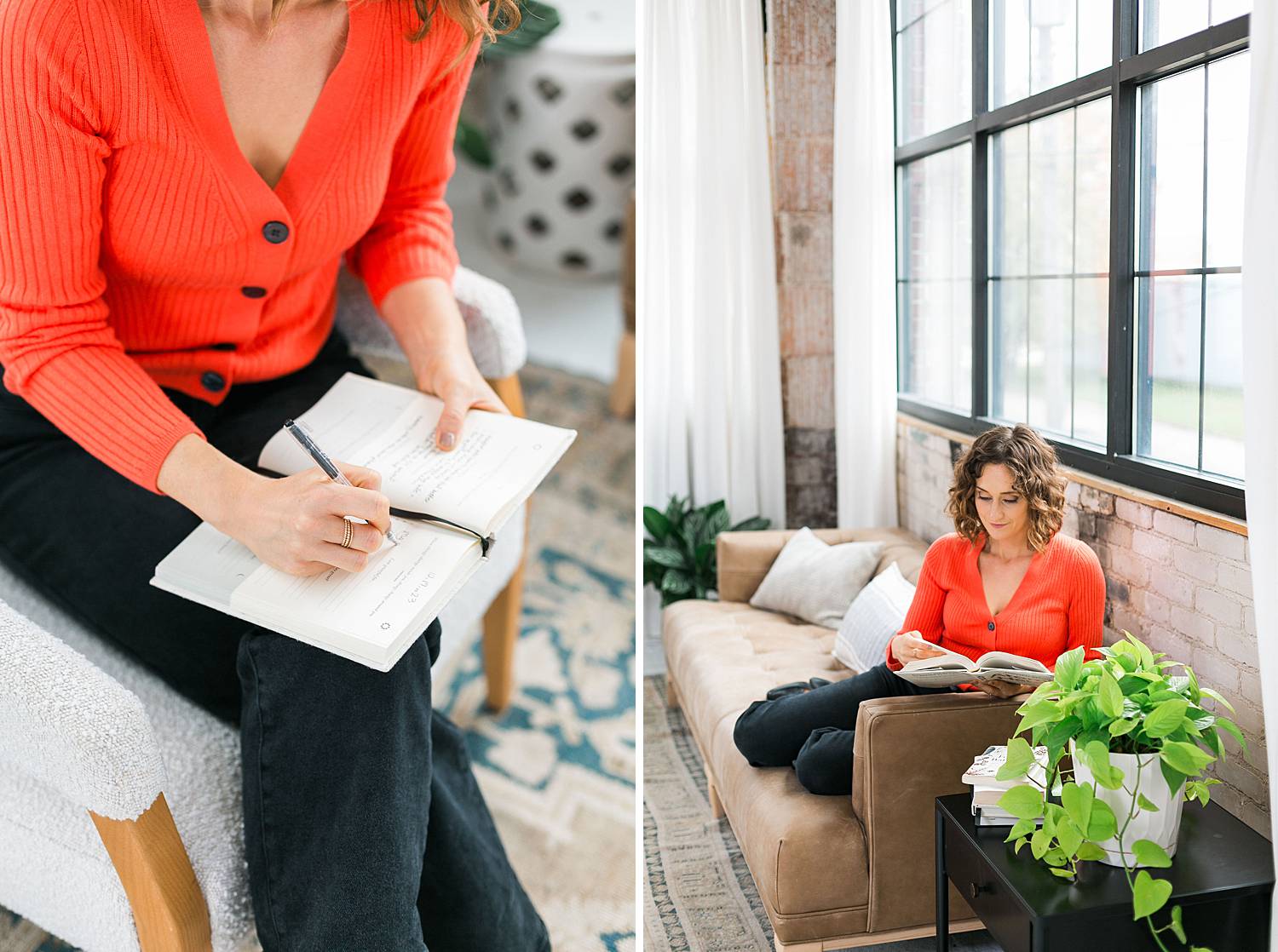 woman in red orange sweater reading a book and journaling