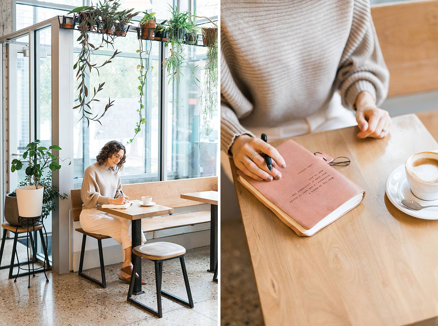 woman working in a coffee shop with a journal