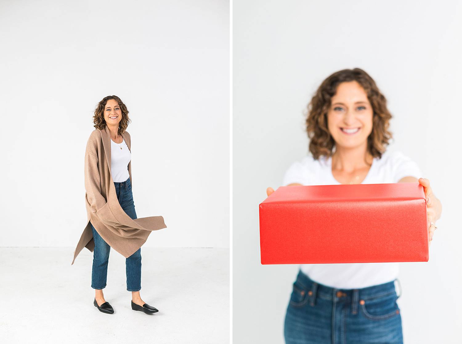 woman headshot holding a red wrapped gift present