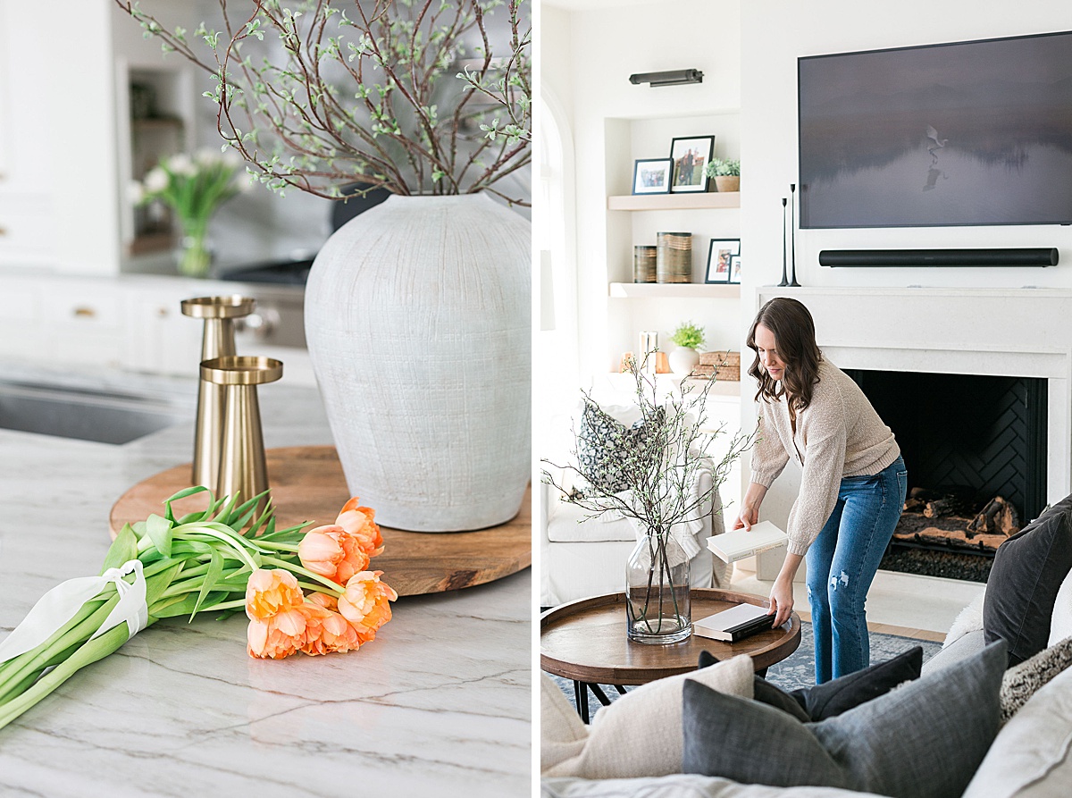 woman styling a modern aesthetic living room for spring
